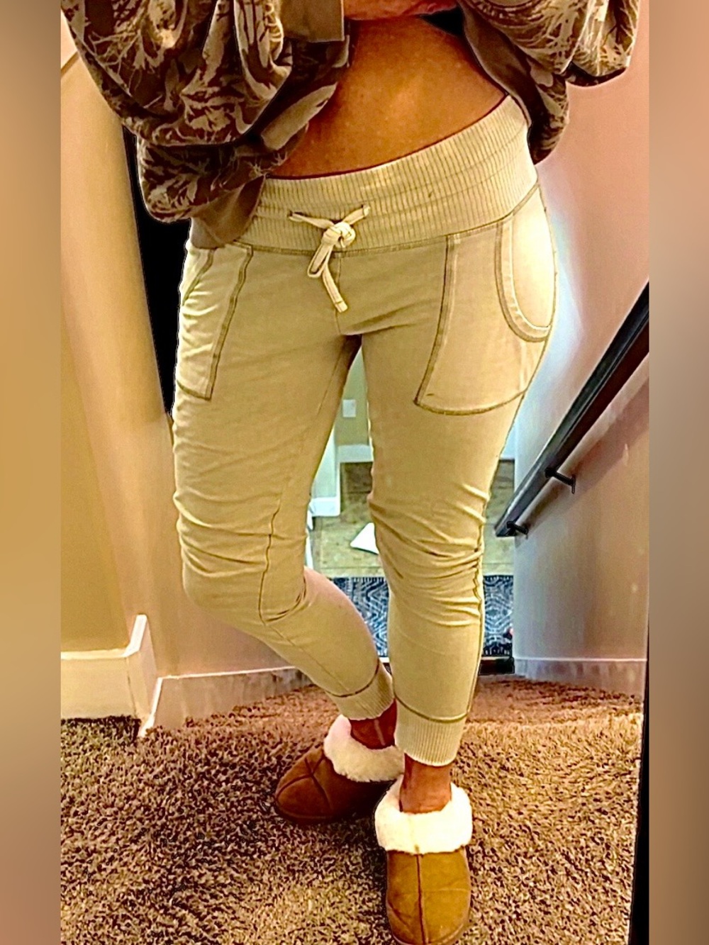 Women's Drawstring Rib-Waist Jogger Leggings - Sage